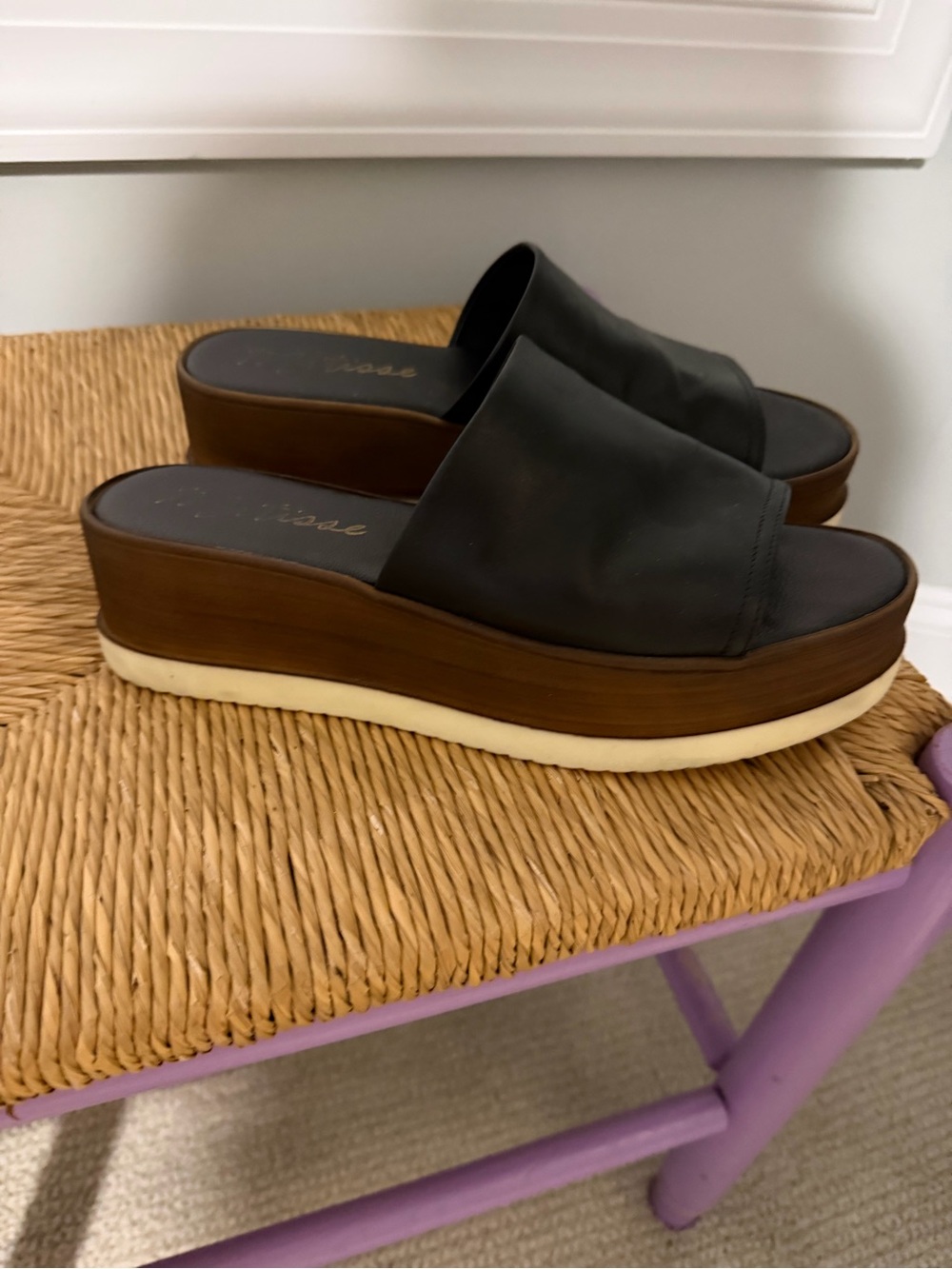 Matisse Black Leather Platform Slide Mules with Wood-Look Sole